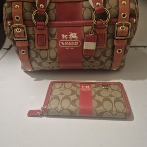 Coach Heritage Stripe Satchel With Matching Wallet and Cosmetic Bag